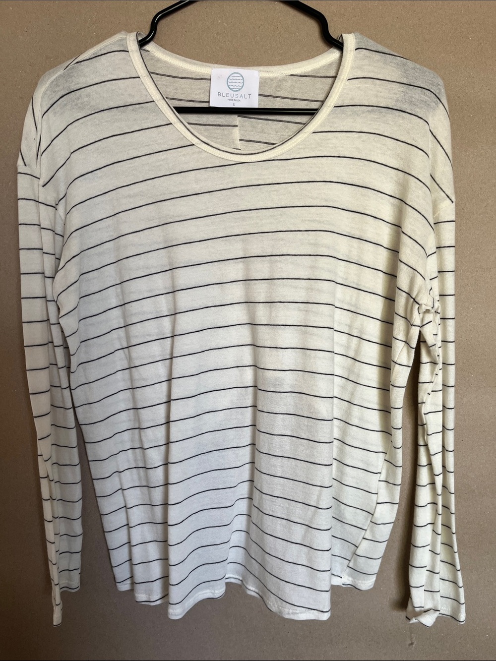 NWOT Bleusalt Ivory Striped Long Sleeve Top Tencel Cotton Linen Made in USA Sz S